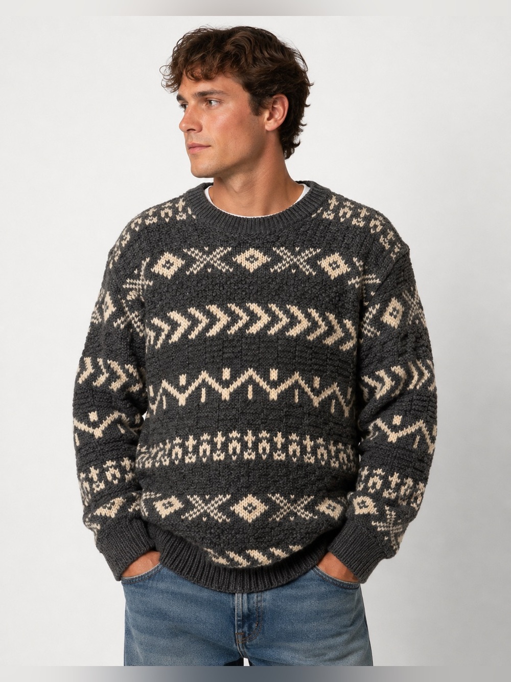 Vintage GAP Men's Charcoal Gray Fair Isle 90s Crewneck Wool Sweater Large